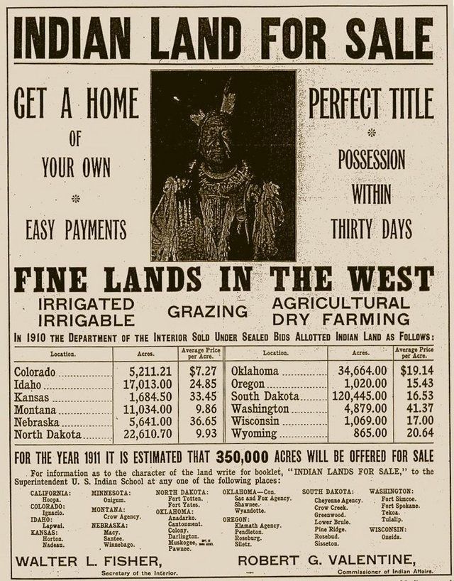 Indian Land for Sale: United States Department of the Interior advertisement offering 'Indian Land for Sale'. The man pictured is a Yankton Sioux named Not Afraid Of Pawnee.