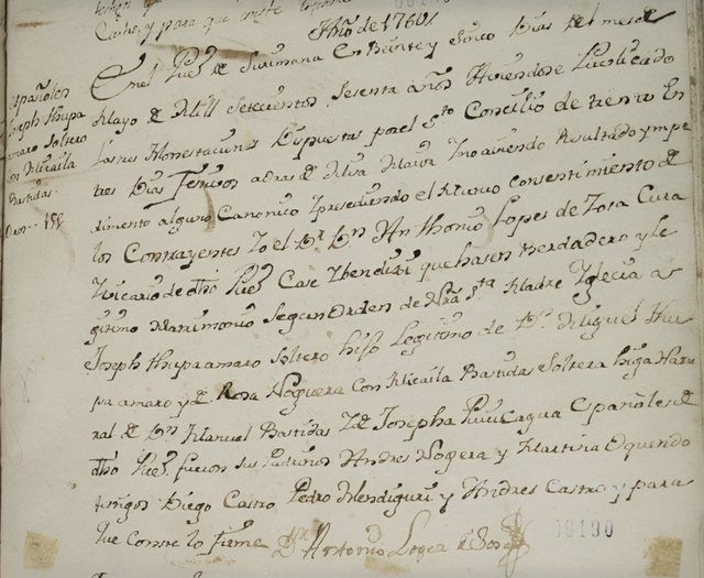 Partida de casamiento de José Gabriel Túpac Amaru y Micaela Bastidas: Registro parroquial que contiene la partida de matrimonio de José Gabriel Túpac Amaru y Micaela Bastidas. Ubic