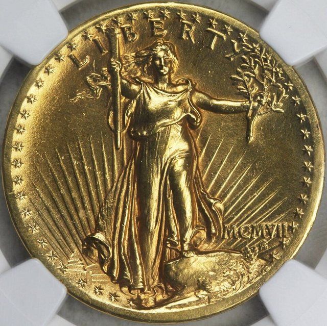 1907 Saint-Gaudens double eagle high relief obverse: Obverse of 1907 high relief Saint-Gaudens double eagle
