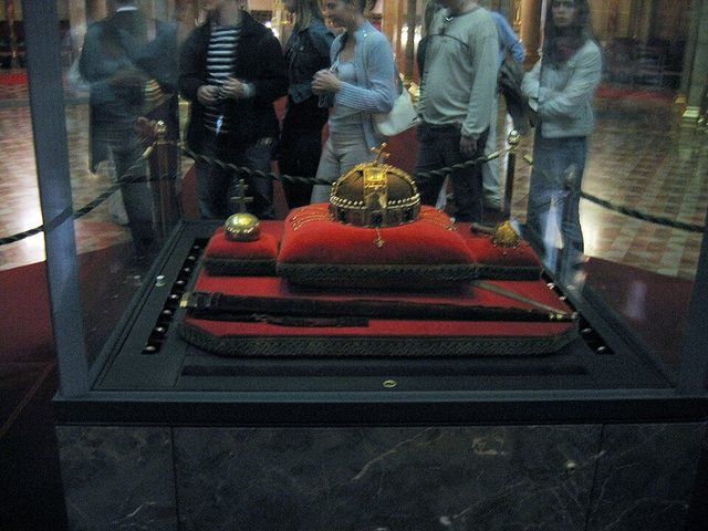 Hungarian Crown Regalia: The Crown, Sword, and Scepter within the Hungarian Parliament Building (Országház) Budapest, Hungary