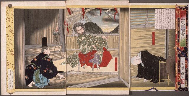 Emperor Sutoku Refusing to Receive the Priest Ennyo in Exile: Japan, circa 1880 Prints; woodcuts Triptych; color woodblock prints Herbert R. Cole Collection (M.84.31.67) Japanese A