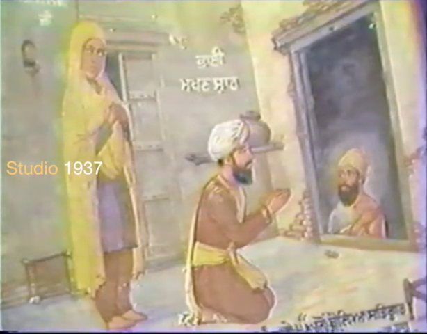 Fresco depicting Bhai Makhan Shah Labana finding Guru Tegh Bahadur, with a young-lad and Mata Nanaki, from Gurdwara Baba: Fresco depicting Bhai Makhan Shah Labana finding Guru Tegh