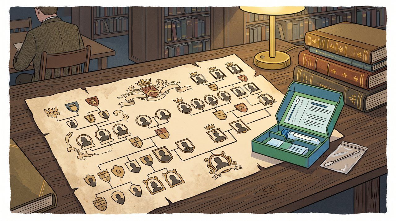 AI illustration: A baronet's family tree and a DNA test kit on a library table, 2013