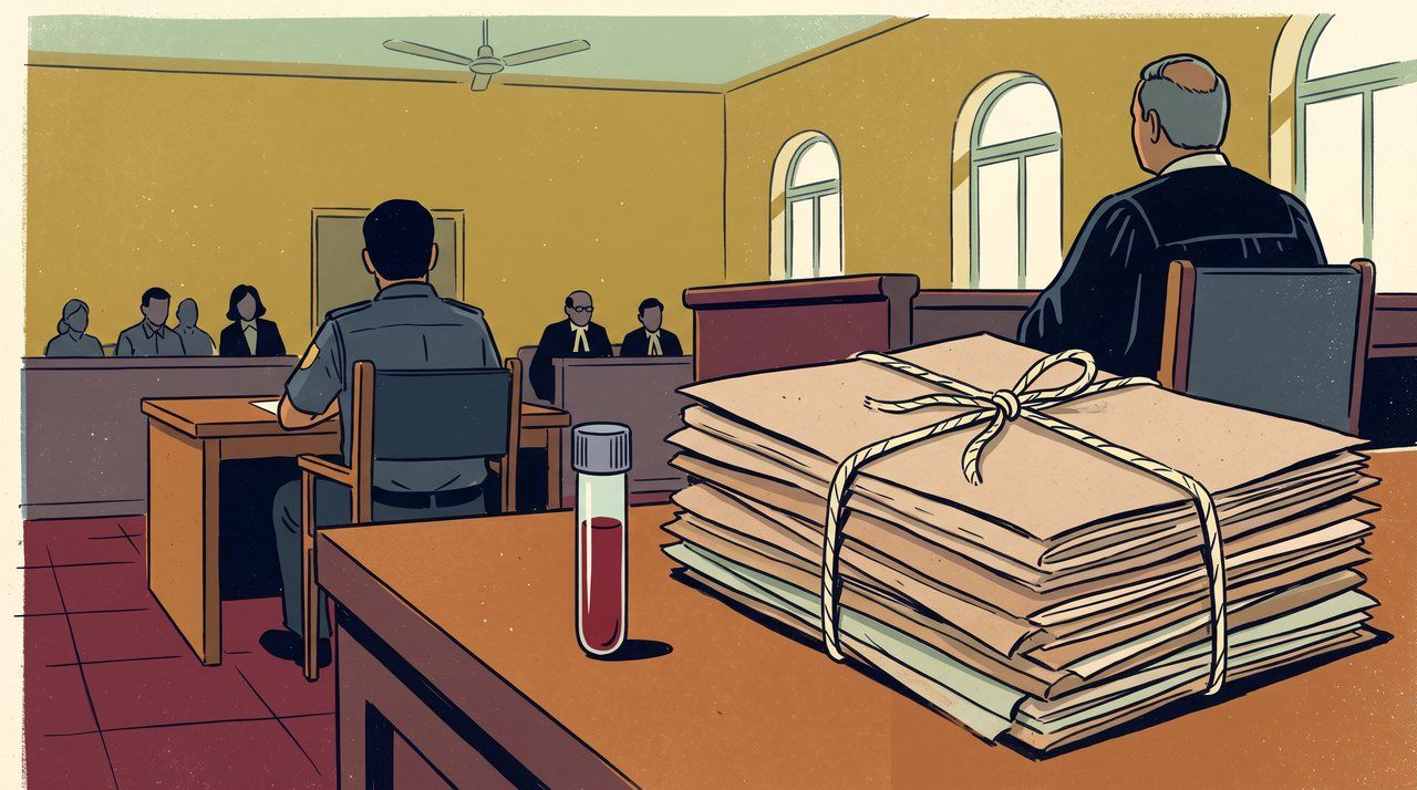 AI illustration: A blood sample vial beside a tied bundle of plain court files in a New Delhi courtroom, 2012, unlabelled