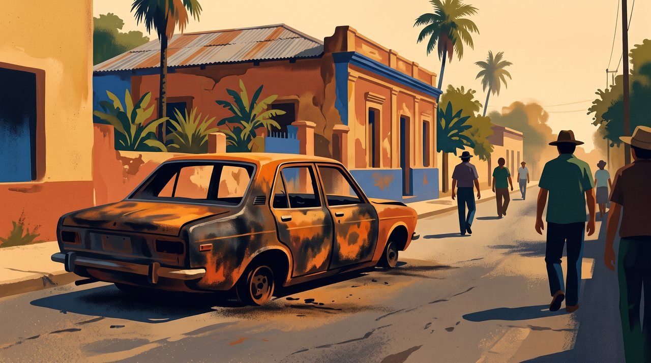 AI illustration: A burned-out car on a street in Asunción, Paraguay, 1980