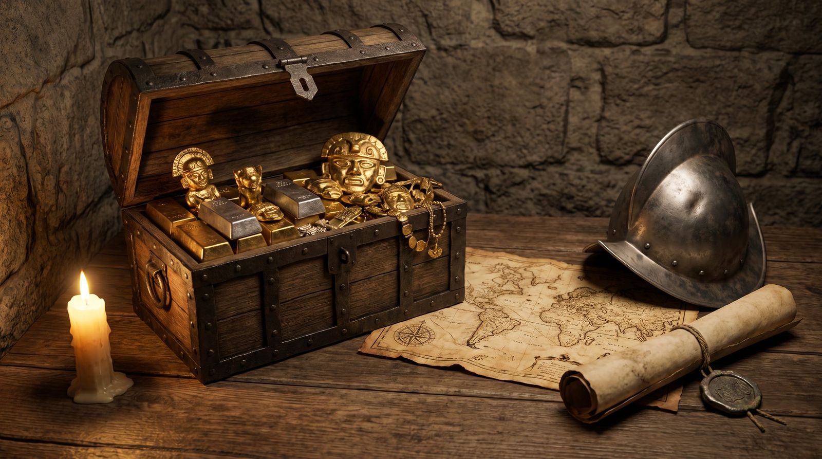 AI illustration: A chest of Inca gold and silver ingots beside a conquistador helmet and a sealed royal grant