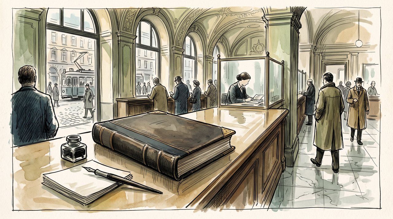 AI illustration: A closed account ledger on the counter of a Zurich bank, 1998