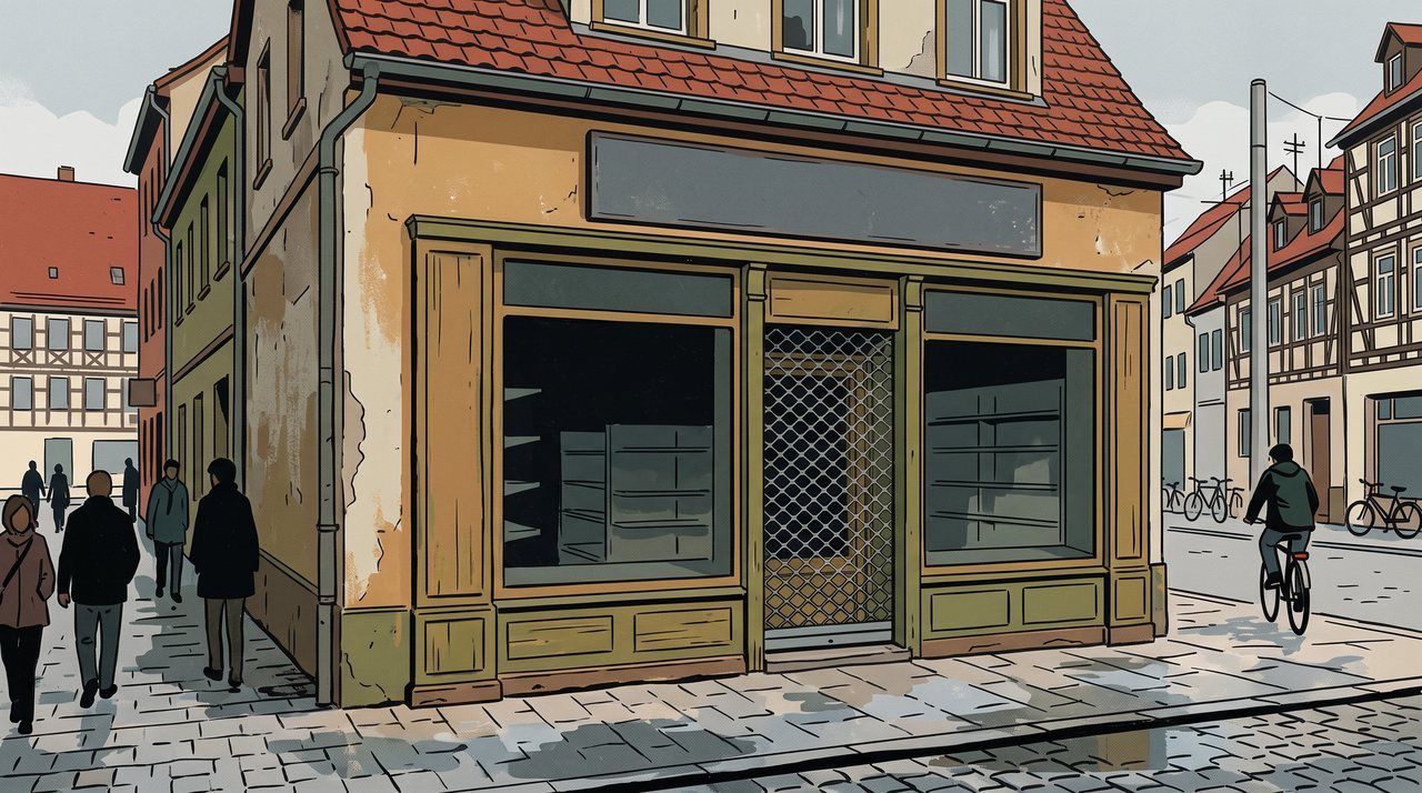 AI illustration: A closed drugstore with empty shelves in a German town, 2012