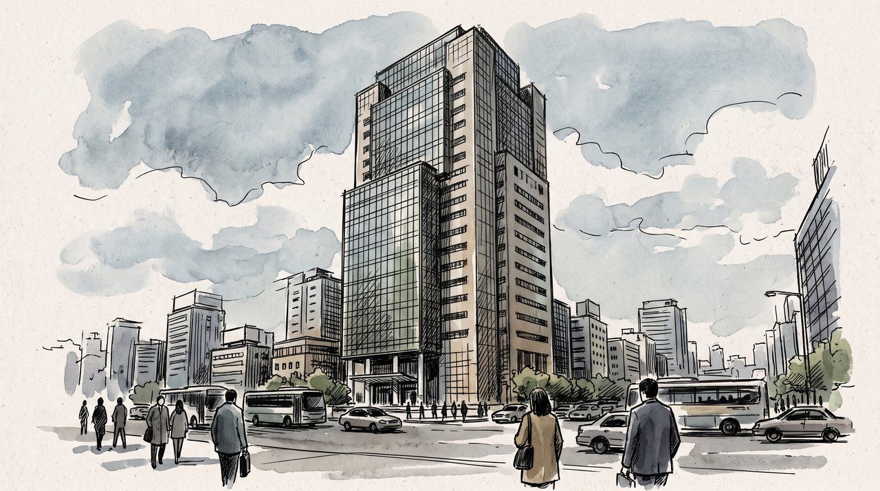AI illustration: A corporate headquarters tower in Seoul, 2003