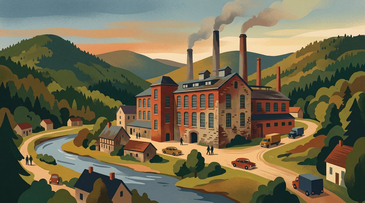 AI illustration: A cotton textile mill in the Vosges, France, 1970s
