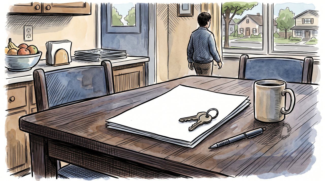 AI illustration: A family trust document on a kitchen table in a Chicago suburb, 2009