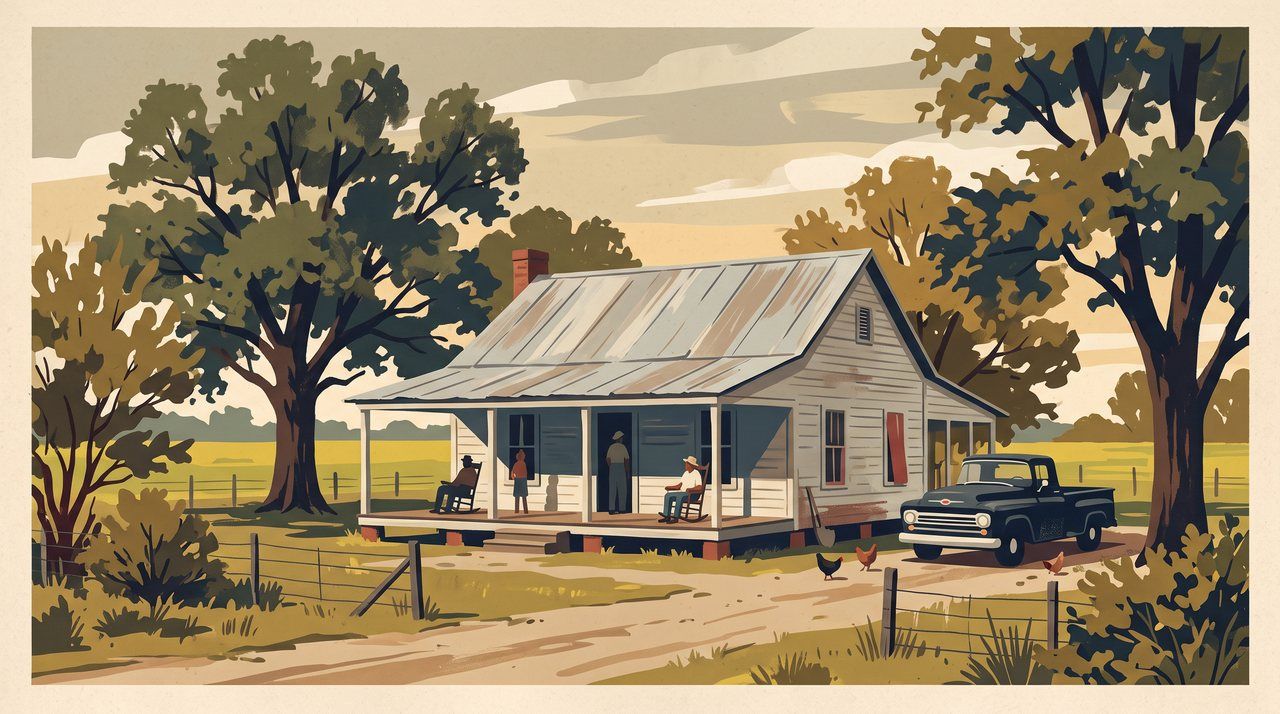 AI illustration: A farmhouse in Rapides Parish, Louisiana, late 1960s