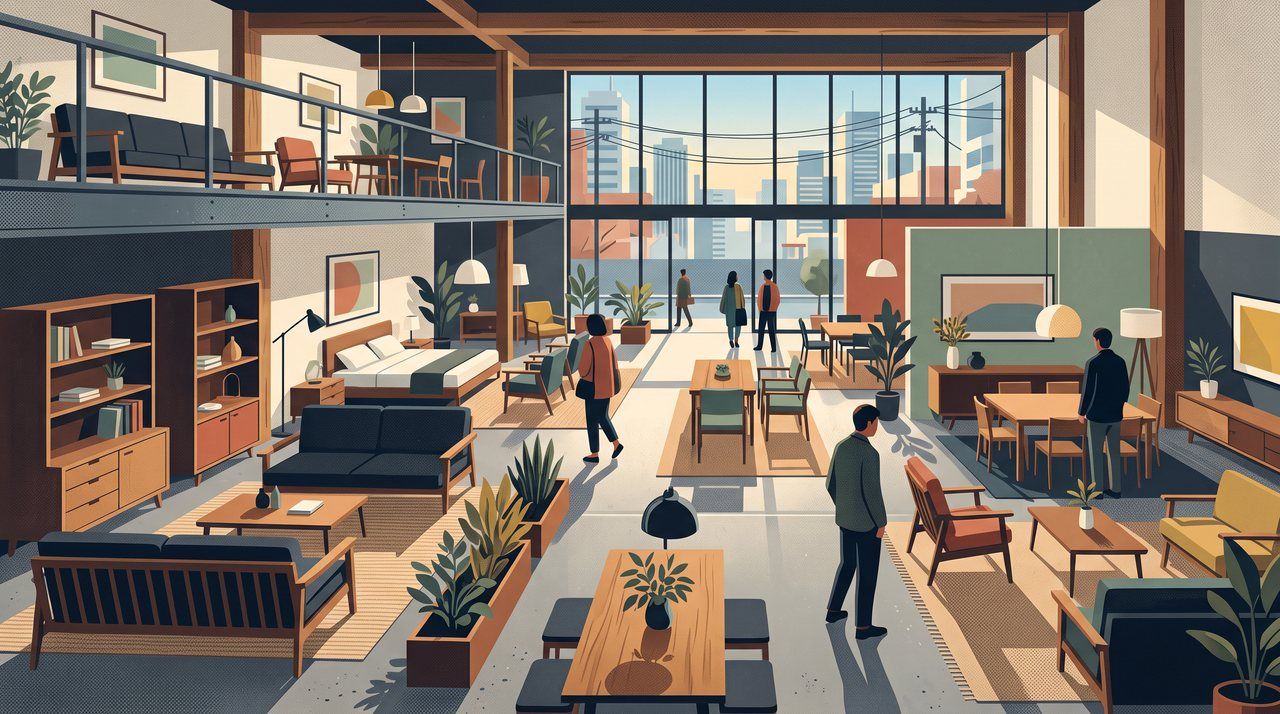 AI illustration: A furniture showroom in Tokyo, 2015