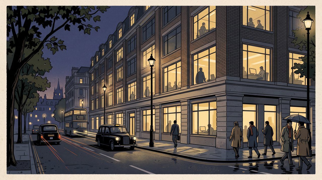 AI illustration: A Mayfair office building at night, London, 2014