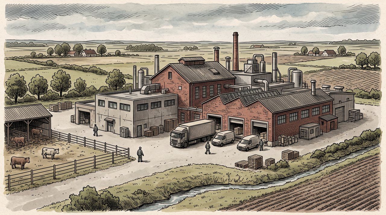AI illustration: A meat-packing plant in the flat farmland of Westphalia, 1990s
