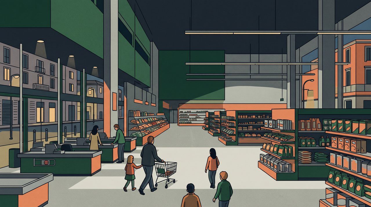 AI illustration: A Milan supermarket at closing time, 2016