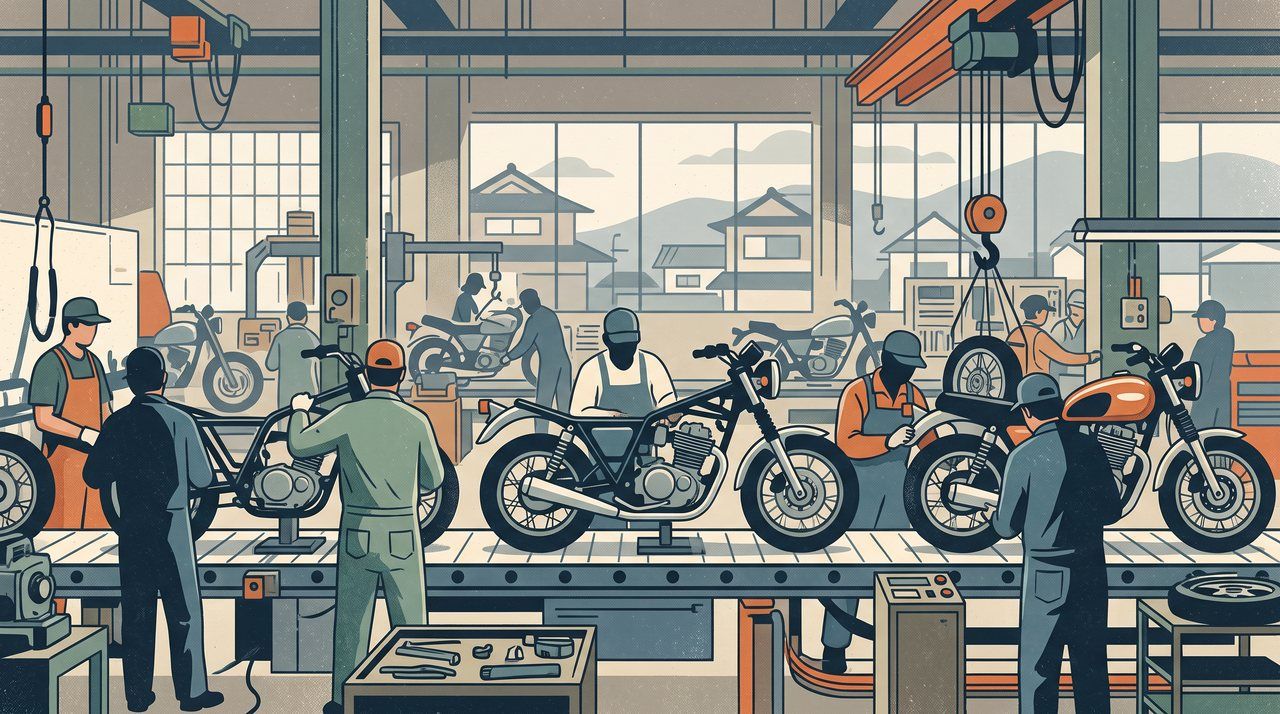 AI illustration: A motorcycle assembly line in Hamamatsu, Japan