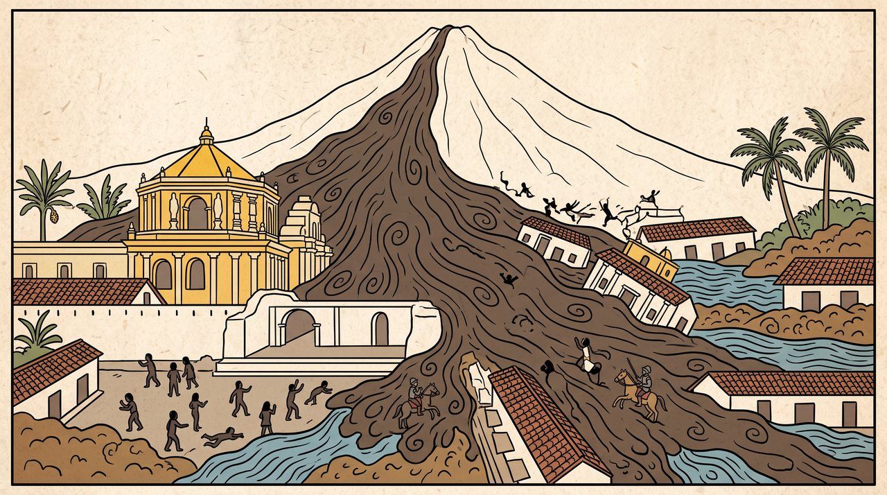 AI illustration: A mudflow from the Volcán de Agua sweeps over Santiago de los Caballeros, Guatemala, September 1541