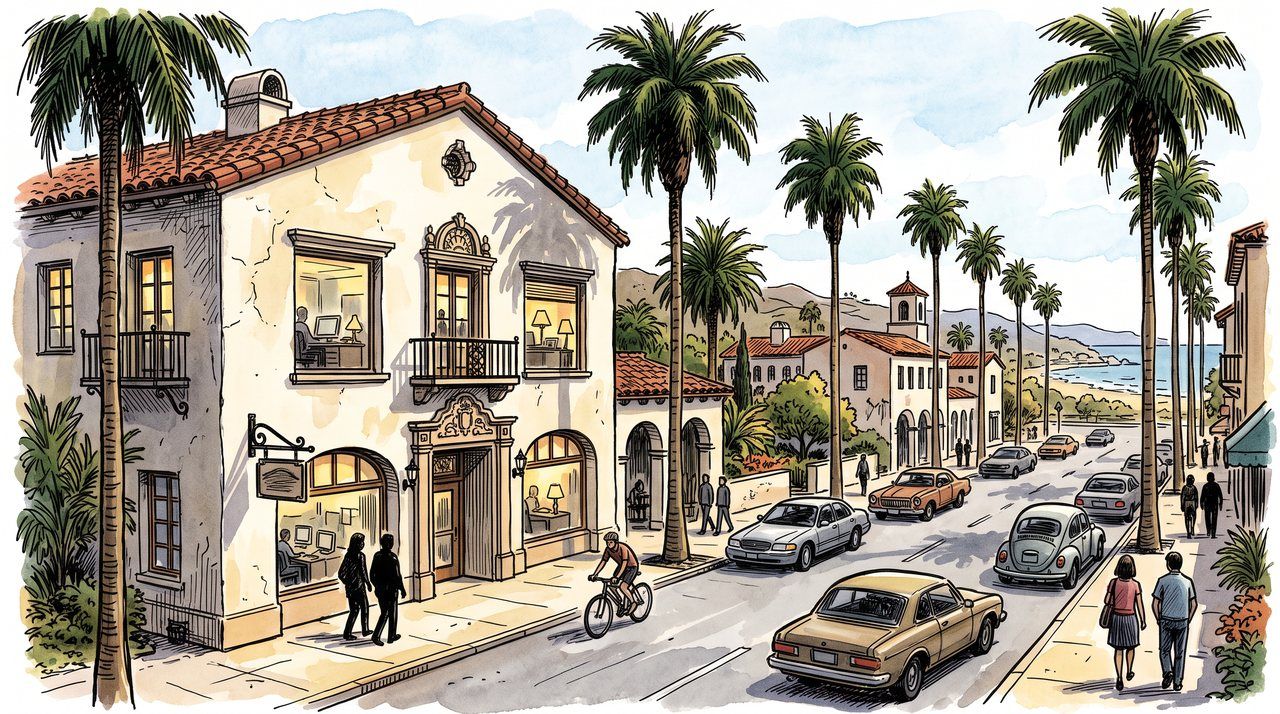 AI illustration: A newspaper office on a palm-lined street in Santa Barbara, California