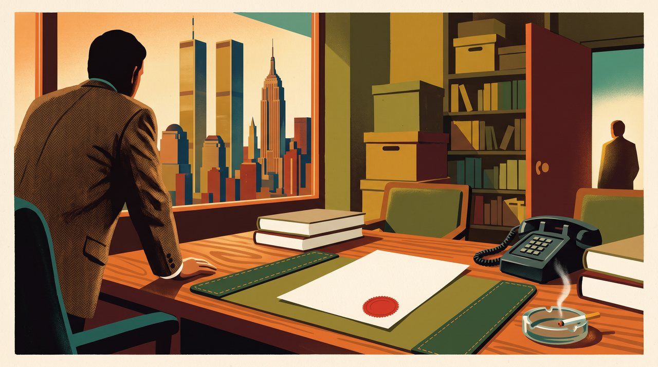 AI illustration: A notarized paper on a New York lawyer's desk, 1970s