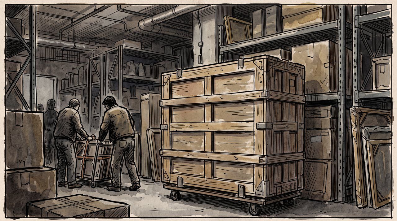 AI illustration: A painting crated and sealed in a New York museum storeroom, 1998