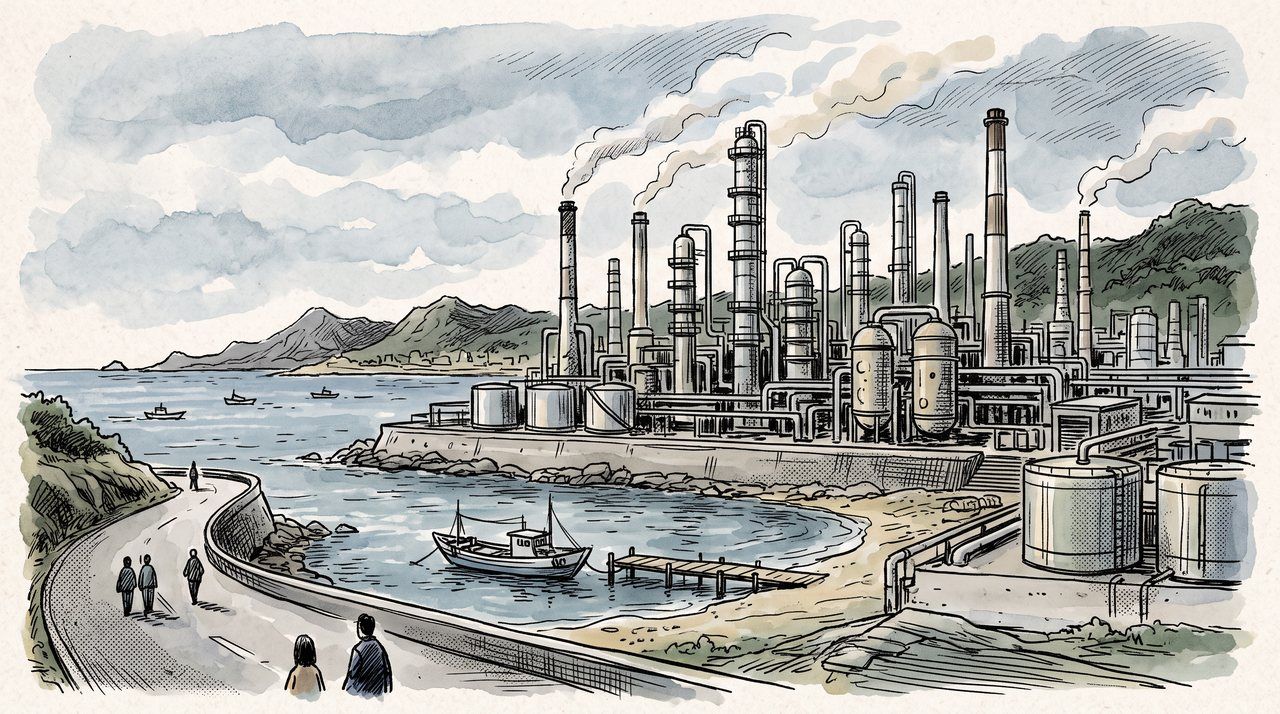 AI illustration: A petrochemical complex on the Taiwan coast