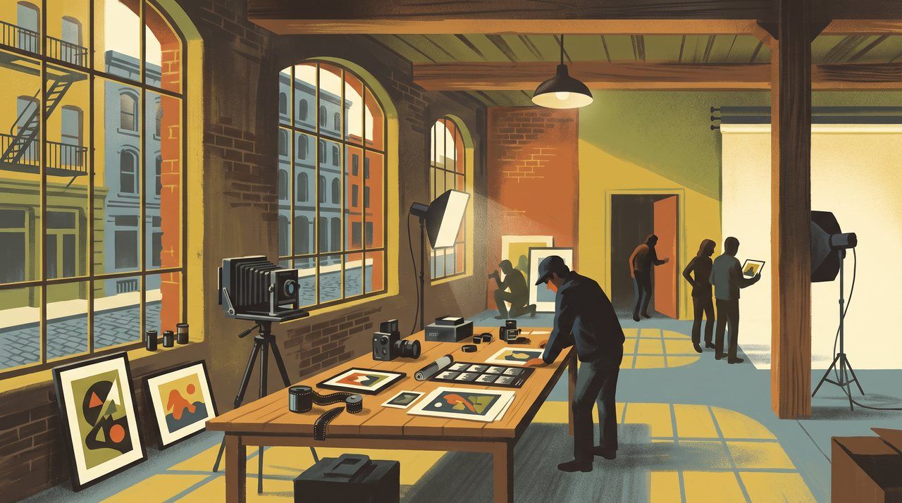 AI illustration: A photographer's loft on Bond Street, New York, with prints and a camera on a long table, 1989