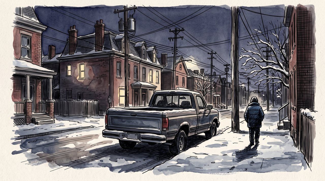 AI illustration: A pickup truck parked overnight on a Pittsburgh street in winter, late 1990s