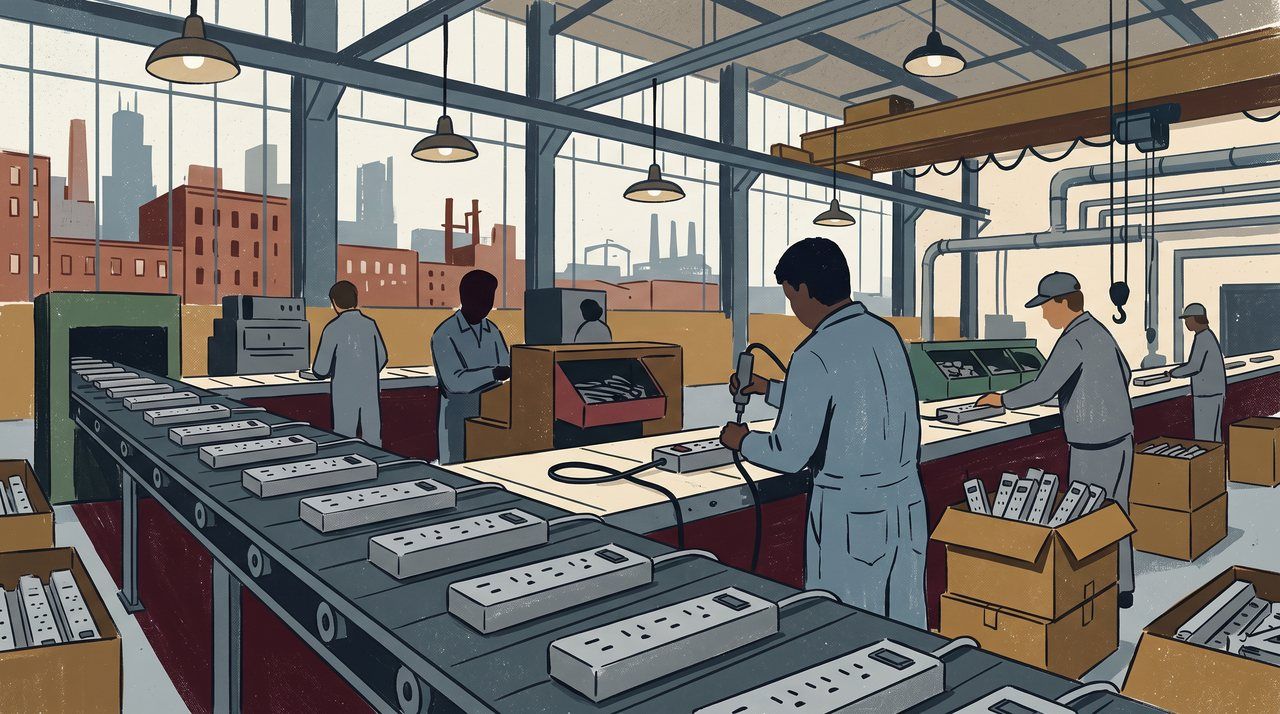 AI illustration: A power strip assembly line in a Chicago factory