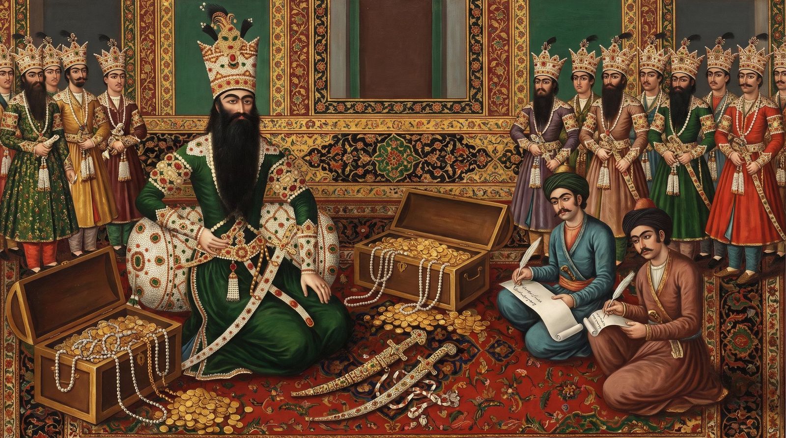 AI illustration: A Qajar shah's treasury of pearls, gold and jewelled daggers listed for his heirs