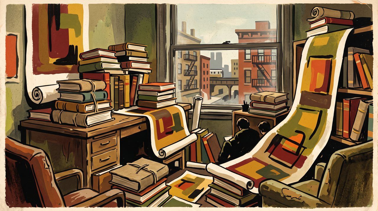 AI illustration: A rented room on Webster Avenue, Chicago, piled with handmade books and painted scrolls, 1973
