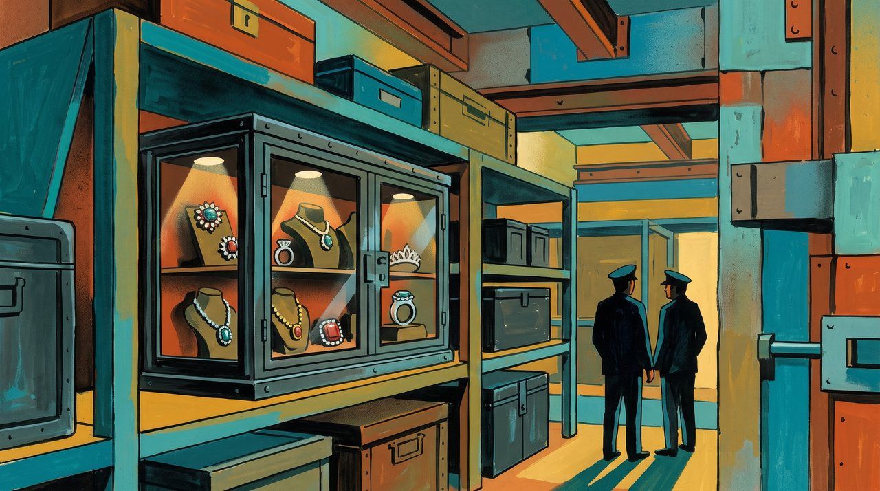 AI illustration: A sealed case of royal jewels on a shelf in a Bank of Italy vault, Rome