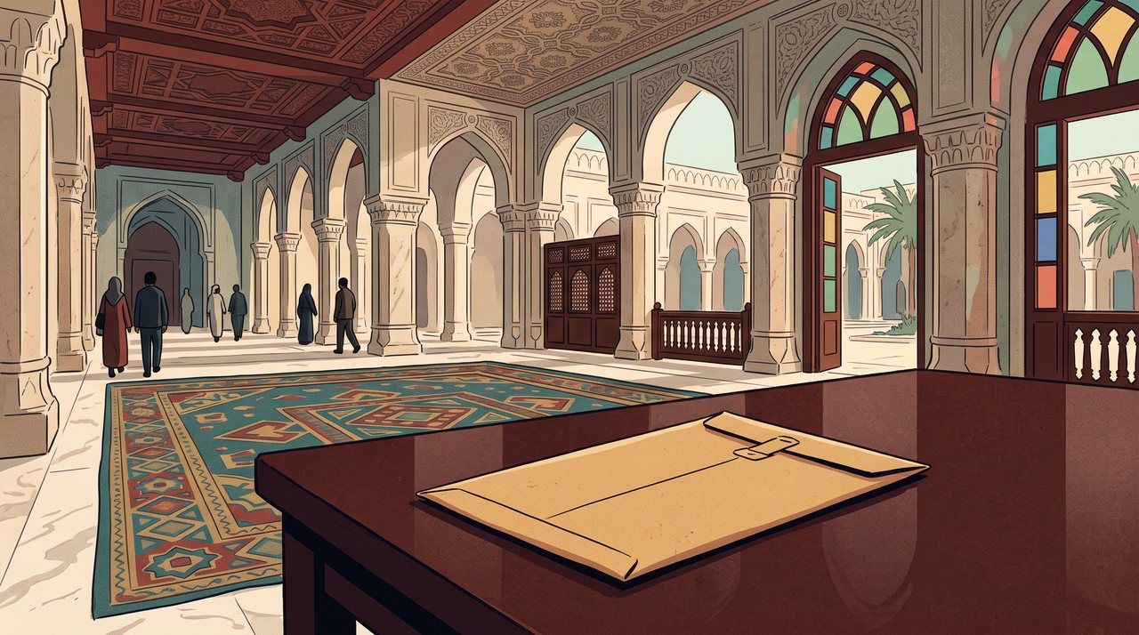 AI illustration: A sealed envelope on a table in a palace hall in Muscat, 2020