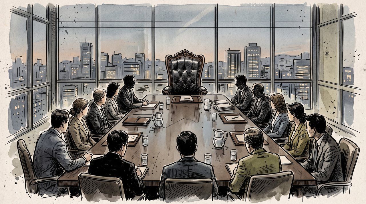 AI illustration: A Seoul boardroom with an empty chairman's chair, 2009