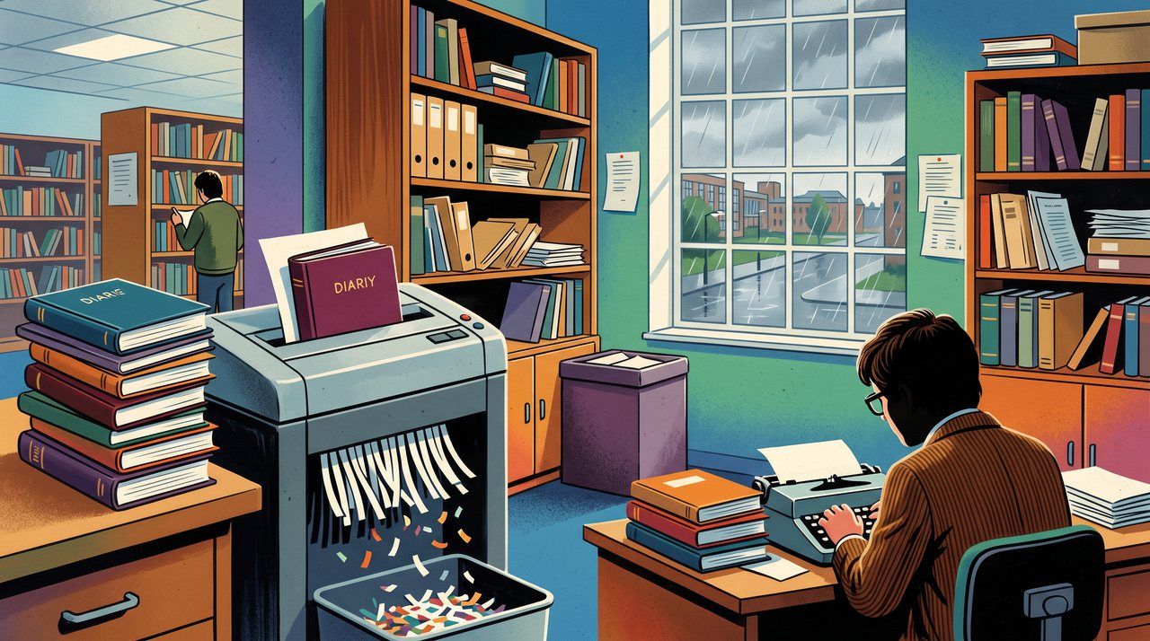 AI illustration: A shredder and a stack of diaries in a university library office in Hull, 1985