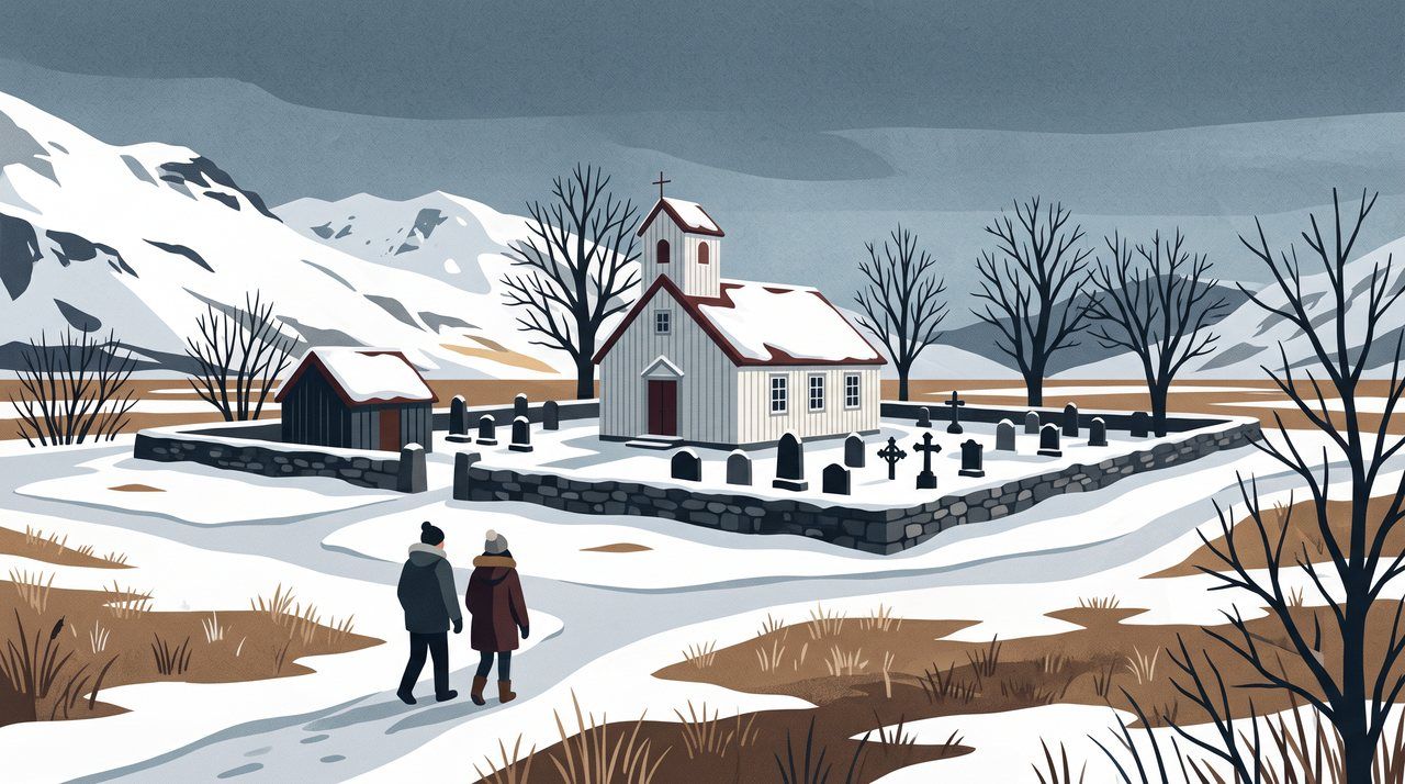 AI illustration: A small churchyard at Laugardælir, Iceland, in winter light, 2010