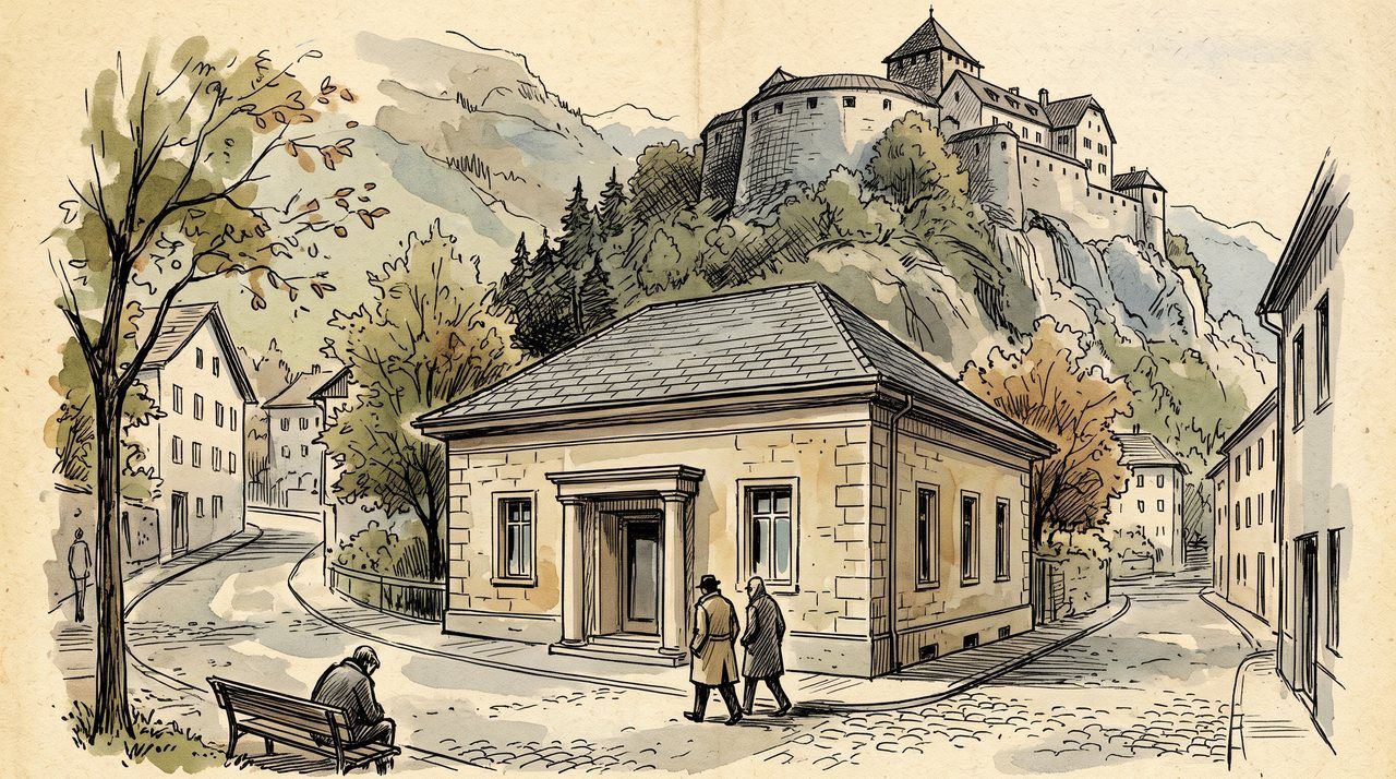 AI illustration: A small private bank building with an unmarked facade in Vaduz below Liechtenstein's castle