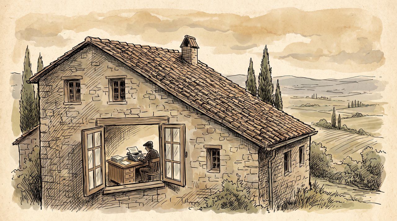 AI illustration: A stone farmhouse in the Val di Chiana, Tuscany, with a writing desk at an open window, 2006