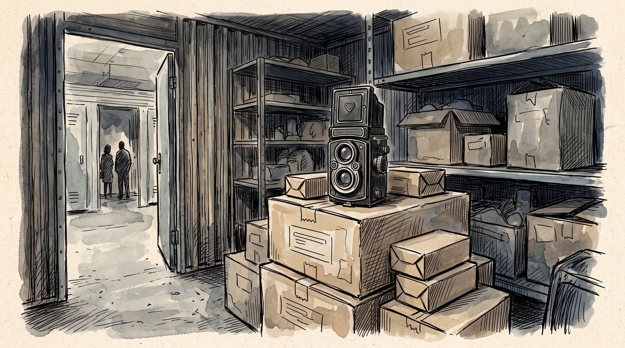 AI illustration: A twin-lens reflex camera and boxes of undeveloped film in a Chicago storage locker