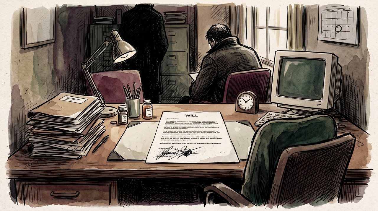AI illustration: A typed will with a forged signature on a doctor's desk in Hyde, 1998