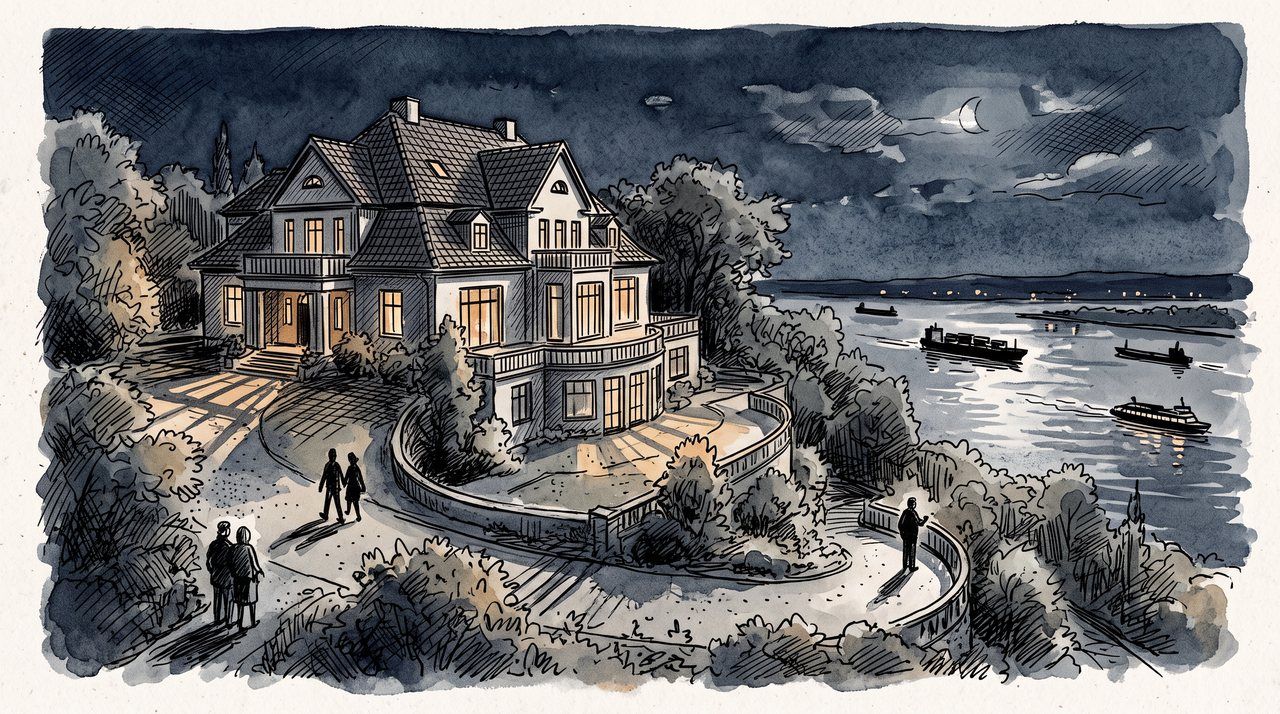 AI illustration: A villa in Hamburg-Blankenese at night, 1996