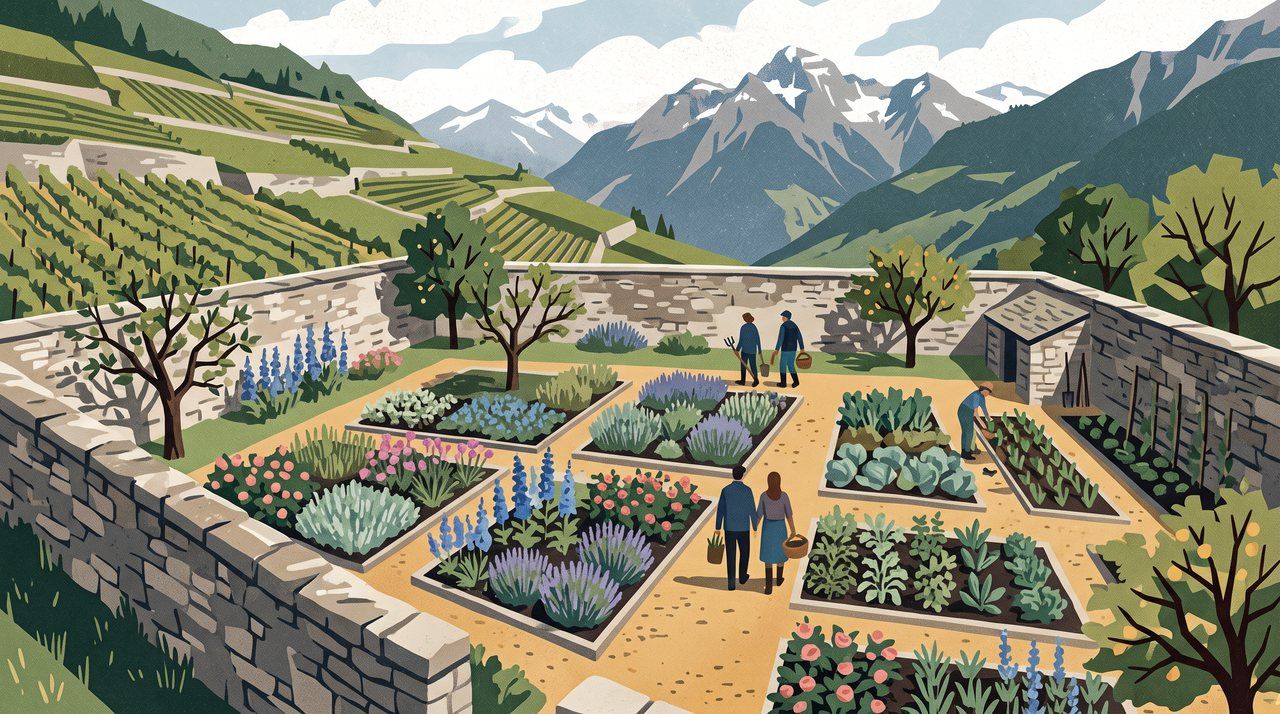 AI illustration: A walled garden on an estate in the Valais, Switzerland
