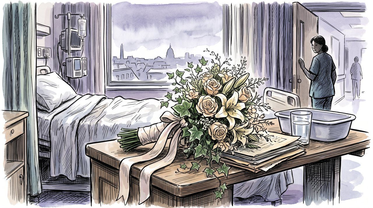AI illustration: A wedding bouquet on a hospital bedside table in Washington, D.C., 2004
