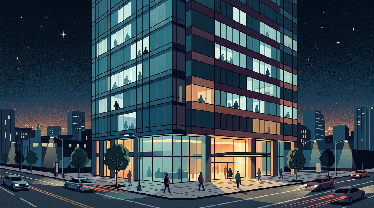 AI illustration: A Wilshire Boulevard law office tower in Los Angeles at night