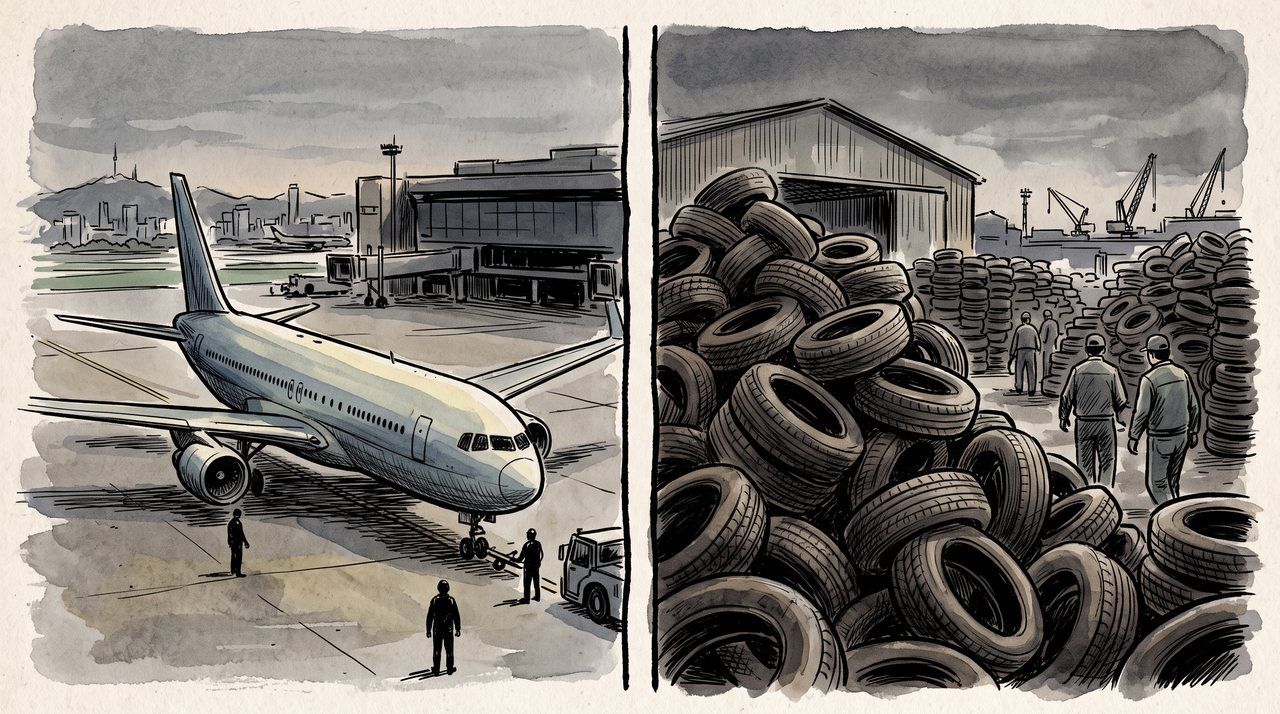 AI illustration: An airliner and a stack of tyres split by a line down the middle, Seoul, 2009