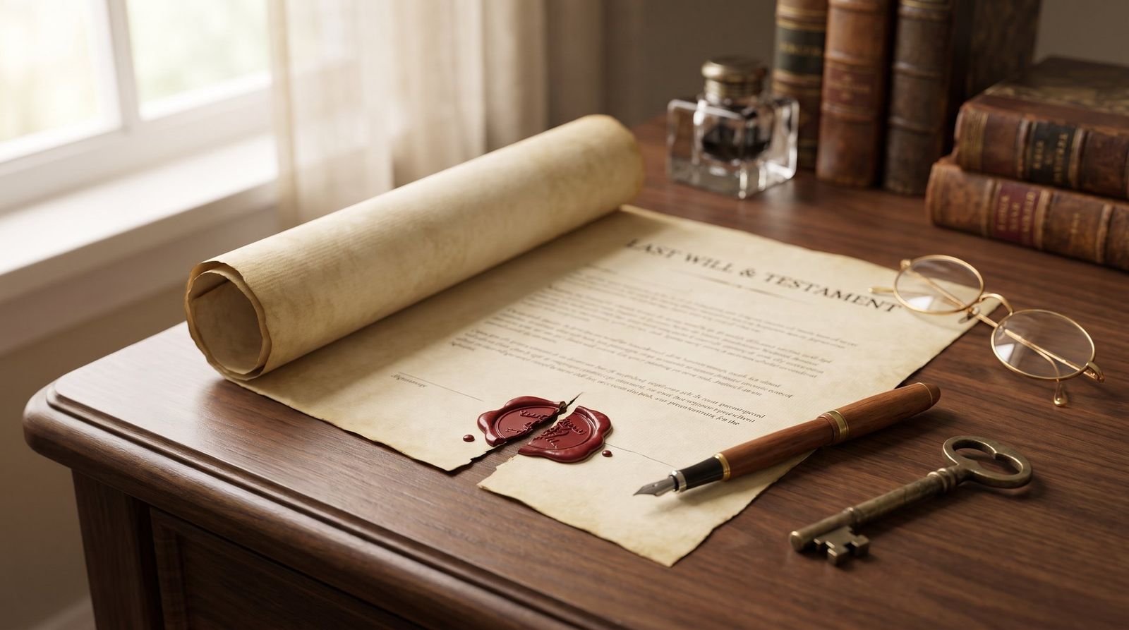 AI illustration: An antique will on a walnut desk with its red wax seal broken
