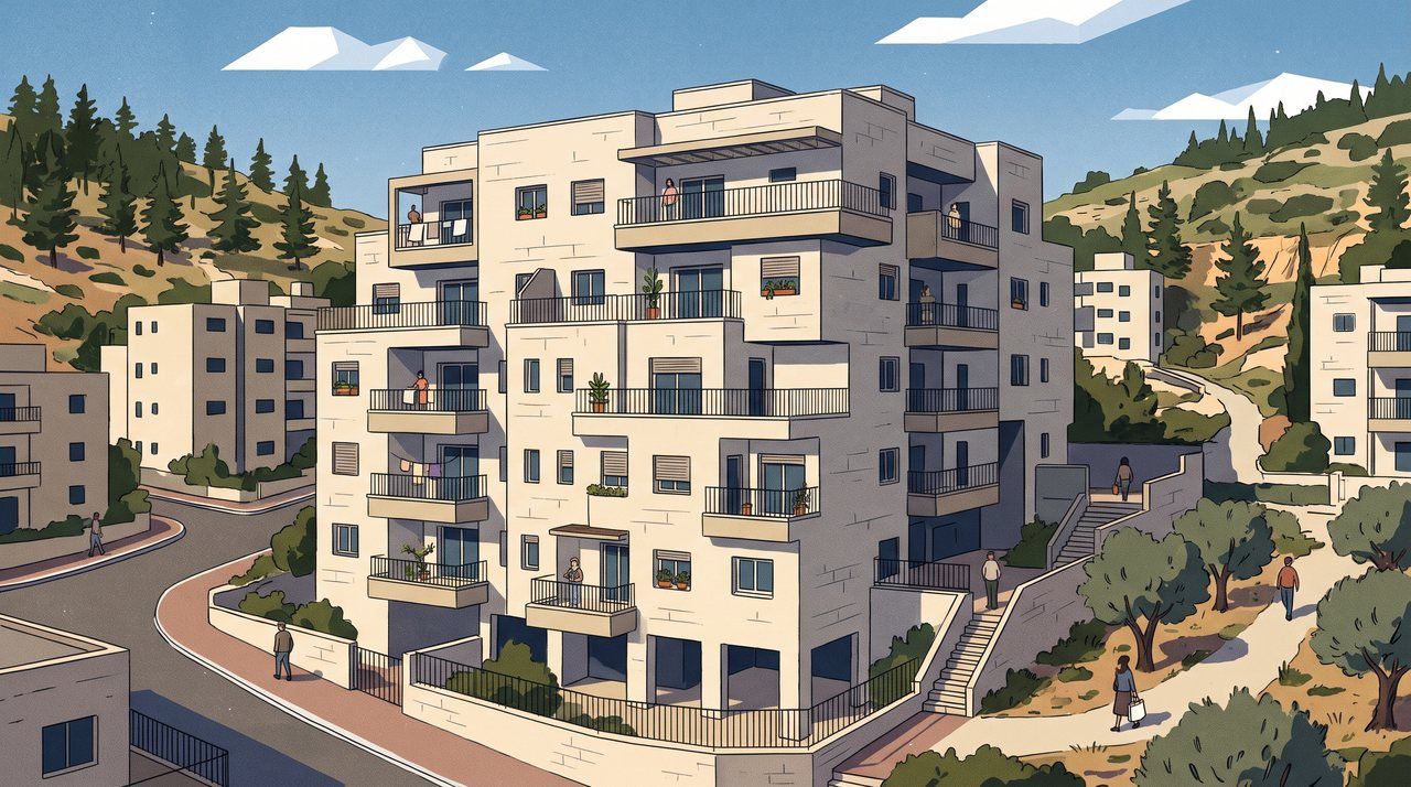 AI illustration: An apartment building in the Har Nof neighbourhood of Jerusalem, 2013