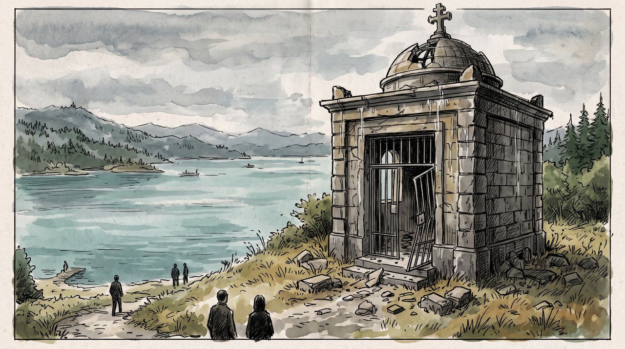 AI illustration: An empty, broken-open mausoleum by the Wörthersee in Carinthia, 2008