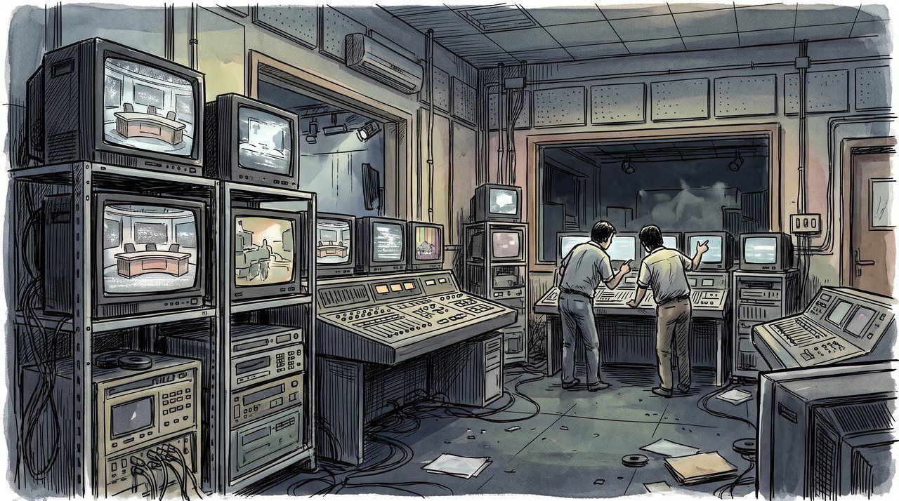 AI illustration: An empty television studio control room in Chennai, 2000s