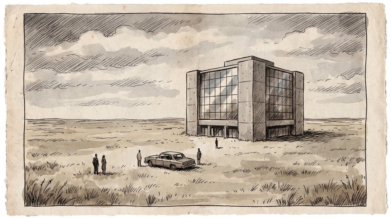 AI illustration: An office tower on the flat prairie outside Wichita, Kansas, 1980s